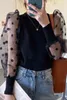 [EWQ] Koreaanse Chic Round Neck Losse Transparante Mesh Polka Dot Stitching Puff Sheeve Sweater Dames Dunne Top ZT749 Zwart 210423