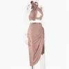 Hot Sexy Summer Party Night Club Wear Women Two Piece Matching Sets Club Outfits High Split Clubwear Halter Crop Bandage Top X0709