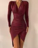 Casual Jurken Lente Vrouwen Sexy Lange Mouw Feestjurk Elegante V-hals Plooien Knielange Femme Vestido Feminino268B