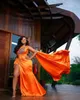 Aso Ebi Orange Beaded Crystals Evening Dresses with ribbon High Split Arabic 2021 african plus size one shoulder prom gown robe264j
