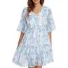 Damska Summer Dress V Neck Krótki Rękaw Ruffle Mini Dress Casual Luźne Flowle Swing Shift Sukienki W220119
