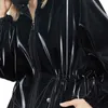 Nerazzurri Lange zwarte warme oversized glanzende laklederen trenchcoat voor vrouwen met lange mouwen Zip up fall fashion Windbreaker 210909