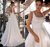 2021 robe De mariée Vestido De Noiva Sexy Squre cou sans manches perles ceinture Simple dos nu Satin robe De mariée grande taille Mariage