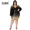 Sequined Spliced Plus Size Mini Dress Women Deep V Neck Long Sleeve Slim Fit Office Dresses Elegant High Waist Bandage Vestido 210525