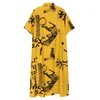 [EAM] Women Yellow Pleated Letter Print Ruffles Dress Lapel Short Sleeve Loose Fit Fashion Spring Summer 1DD7144 210512