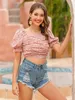 Fashion Boho Printed Women T-Shirt Ruched Puff Sleeve Summer Holiday Tees W9155 210526