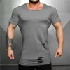 MuscleGuys Brand Long T Shirt Men Moda Hole Hole Distressed Fitness T-Shirt Estate Manica Corta Solido Solido Slim Fit Hip Hop Tshirt 210421