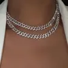 Flatfoosie Gold Silber Farbe Iced Out Strass Bling Choker Halskette Frauen Cuban Link Kette Kristall Halskette Hip Hop Schmuck Y0414