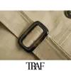 TRAF Women Fashion With Belt Double Breasted Trench Coat Vintage Long Sleeve Drawstring Female Outerwear Chic Overcoat 210415