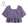 Cardigan Crop Camicie Camicette Manica corta da donna Orlo estivo pieghettato Top viola retrò Rok Leisure Ulzzang Colletto quadrato Blusas 210515