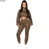 Höst Winter Women's Set Full Sleeve O-Neck Crop Top Långbyxor Lägg till ull Solid Två Piece Set Tracksuit Outfits Sportkläder J6113 Y0625