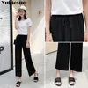 Streetwear Summer Femme Emale Taille haute élastique Pantalon à jambe large Capris pour femme Pantalon Femme Plus Taille Kaki Noir 210519