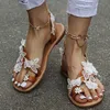 Sandals 2022 Summer Cool And Comfortable Lace Beads Flower Belt Buckle Flat Heel Round Toe Ladies