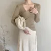 Korean Elegant V-neck Knitted Pullover Tops Women Asymmetrical Long Sleeve Slim Basic Ladies Sexy Sweater Jumpers Femme 210514