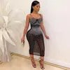 فساتين عادية مثير السباغيتي حزام الترتر bodycon ميدي اللباس انظر من خلال شبكة المرقعة حزب 2021 ملابس نايت