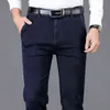 Automne et hiver classique hommes taille haute jeans d'affaires bleu foncé droite élasticité denim pantalon mâle marque pantalon épais 211120