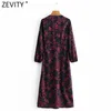 Kvinnor Elegant Cross V Neck Blommigryck Casual Midi Klänning Kvinna Långärmad Kimono Vestidos Party Dresses DS4798 210416