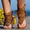 Sandales Sandalias Mujer Sapato Feminino grande taille rétro bas gland bout creux été femmes 2021 femme sans lacet chaussures plates