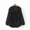 women fashion elastic waist lace up pockets trench ladies full sleeve hooded slim windbreaker elegant femal 210521