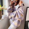 Fashion Women Purple Plaid Woolen Shirts Elegant Ladies Oversize Long Shirt Vintage Female Stylish Thick Blouses Girls Chic 210719