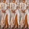 2023 Suknie ślubne syreny szampana jedno ramię ślubne suknie ślubne Orsekrt uda podzielone długie rękaw białe koronkowe aplikacje
