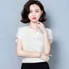 Office Lady Solid V-neck Blouse Women Summer Short Sleeve Casual Silk Satin Shirts Plus Size M-4XL Loose Tops Clothes 10297 210417