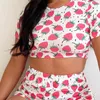 Tjejstil Sexig Härlig Raspberry Print 2 Piece Sets O-Neck Kortärmad Pullover T-shirt och Shorts Kvinnor Passar Casual Wear 210517