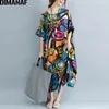 DIMANAF Frauen Kleid Plus Größe Sommer Muster Druck Leinen Bunte Weibliche Lose Batwing Casual Retro Vintage Große Größe Kleider 210329