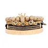 Jewelry Men Bracelets Gold Black Hip Hop Hand Made Beaded Bracelet set Copper Pave CZ Zircon crystal Crown Roman Numeral Bangles c249c
