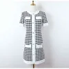 LLZACOOSH Luxury Designer Brand Summer Dress Women O Neck Houndstooth Hepburn Short Sleeve Single breasted Pocket Knitted Dress 210514