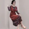 Retro Fashion Ethnic Drukuj Szyfonowa Długie Rękaw Dress Casual Midi Sukienka + Podwójna Kamizelka Breasted Dwuczęściowe Zestaw Kobiety Suit 210518