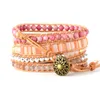 Tennis Frauen Perlen Leder Armband Natürliche Steine Rosa Quarz Kristall 5 Stränge Woven Wrap Armbänder Böhmischen Dropship