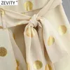 Kvinnor Vintage Cross V Neck Polka Dots Gilding Bow Slips Midi Dress Femme Chic Puff Sleeve Sommar Wrap Kimono Vestido DS8170 210420