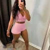 Hirigin Casual Sportswear Shorts Tracksuit Mulheres Sexy Knitted Rib Envoltório V Neck Crop Top Biker Shorts Dois Peça Set Outfits Y0702