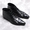 Lüks Chelsea Boots Orijinal Deri Erkek Ayak Bileği Botları Yüksek Sınıf Dantel Yukarı Kanat Çıktısı Kahverengi Siyah Ayakkabı Timsah Elbise Botlar Erkekler