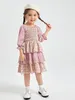Toddler Girls Ditsy Floral Print Flounce Sleeve Colorblock Layered Hem Dress SHE