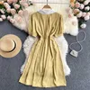 College Sweet Dress Women Fashion Summer Contrast Lapel Lace-up Hollow Slim A-line Short Sleeve Vestidos S448 210527