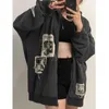 HOUZHOU Grunge Gothic Oversized Gray Women Hoodie E Girl Patchwork Black Sweatshirts 90s Vintage Style Autumn Zip-up Crop Tops 211108