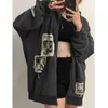 HOUZHOU Grunge Gothic Übergroße graue Frauen Hoodie E-Mädchen Patchwork schwarze Sweatshirts 90er Jahre Vintage-Stil Herbst Zip-up Crop Tops 211108