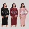 Etnisk Kläder Afrikansk Traditionell Klänning Top Med Kjol 2 Pieces Set Långärmad Svart Färg Läder Femme