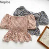 Neploe Blusas de Mujer Summer Fashion Shirt Off-Shoulder Slash Neck Ruffles Drawstring Blouse Slim Floral Chiffon Crop Tops 210422