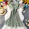 Boho Vintage Floral Print Chiffon Dress Summer Sweet Doll Collar Pleated Dress High Waist Women Beach Holiday Dresses 210521