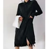 Frauen Chic Mode mit Schärpen Plissee Midi Hemd Kleid Vintage Langarm Seitenschlitze Weibliche Kleider Vestidos 210416