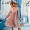 Elegantes rosa hohes Taillen-Faltenkleid lässig Urlaub Frühling langärmeliges Frauen-Sommerkleid sexy tiefer V-Ausschnitt Vestidos 210414