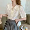 Summer Lace-up Doll Collar Shirt Floral Embroidery Puff Sleeve Korean Style Sweet Top Blouse Short White Tops 210601