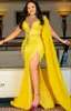 2022 Plus Size Arabo Aso Aso EBI Giallo Mermaid Luxurious Prom Dresses Pizzo Beaded Sera Form Form Party Seconda Reception Compleanno Abiti da fidanzamento Abito ZJ305