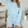 95% coton Tops + Shorts à lacets Femmes Pyjamas Ensembles Solide O Cou À Manches Longues Dames Vêtements De Nuit 2 Pièces Ensemble D'été Loungewear 210901