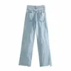ZA Damen Boyfriend-Jeans mit geradem Stretch-Anteil, gewaschen, in voller Länge, hohe Taille, weit geschnittene Denim-Hose, Tasche, Baggy-Schlitz-Hose 210809