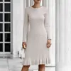 Women's Knit Vestido Inverno Inverno Outono Ruffled Fishtail Hip Vestido Mulheres Elegante Midi Camisola A-Linha Ruffles 210508