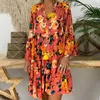 Kwiatowy przycisk Drukuj Szczegóły Tunika Loose Plus Size Kobiety Topy Summer Casual V Neck Długi Rękaw Bluzka S-5XL Koszula 210719